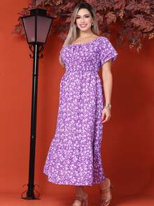 WOMEN'S LONG MIDI DRESS WITH PUFFED SLEEVES, RUFFLED, OFF-THE-SHOULDER, TRES MARIAS FLORAL - Púrpura polvoriento - Ver 2