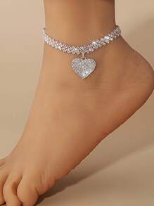 2Pcs Rhinestone Rhombus Beach Bracelet Anklet Set For Women, Simple Chic Crystal Heart Pendant