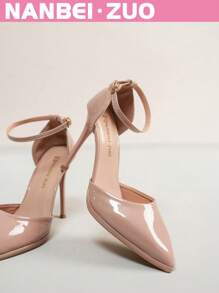 NANBEI ZUO NANBEI ZUO Women's Plus Size Glossy Pointed Toe Ankle Strap Thin High Heel Shoes, Black/White/Apricot, Fashionable Minimalist High-End Elegant Versatile Street Style Elegant European And American Vibe High Heels For Work, Interview, Formal, Party, Wedding, Birthday Gift, Date, Vacation, Comfortable And Breathable