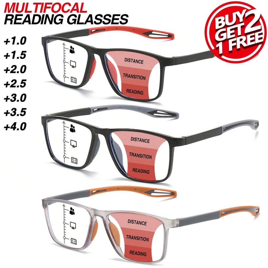 3Pcs Progressive Multifocal Reading Glasses, Rectangular Frame Ombre Color, Frosted Texture Temples, Unisex Reading Glasses - Gray+Orange+Red - View 1