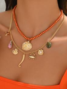 1 件优雅时尚女士夏季海洋元素波西米亚珠宝项链，金海星，小鱼，贝壳，海螺，人造珍珠镶嵌，天然贝壳 DIY 串珠，红珊瑚，树脂吊坠，陶瓷彩绘小鱼，精致多层女士项链，适合海滩、派对佩戴。 - 彩色 - 查看 3