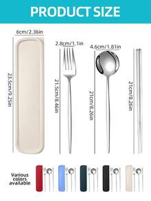 4-Piece Stainless Steel Cutlery Set (Fork, Spoon, Chopsticks, Storage Box), Student Portable Cutlery, Kitchen, Back-To-School Gift - Portuguese Silver Cutlery + Plain Chopsticks - View 1