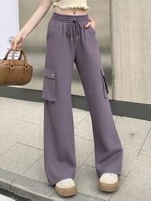 Casual Trousers With Adjustable Elastic Waist And Side Pockets, Solid Color, Wide Leg