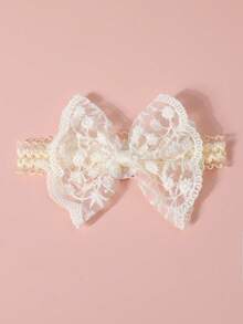 1pc Baby Lace Plain Bow Headband + 1 Pair Baby Mesh Bow Breathable Mid-Calf Socks - Beige - View 3