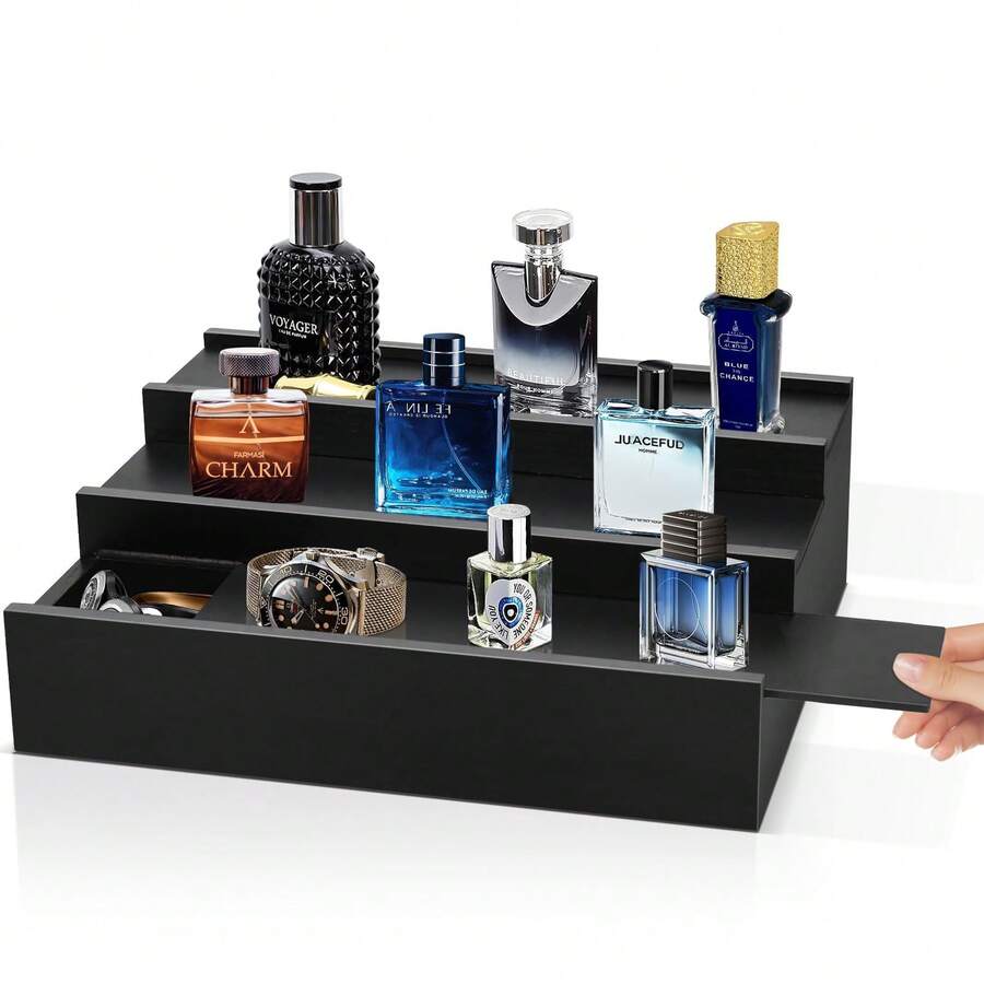 Wooden Cologne Organizer For Men - 3 Tier Cologne Stand Perfume Organizer With Hidden Compartment, Black Elevated Cologne Display Shelf For Organizing And Storing,Watch And Jewelry,Gift For Father - Black - View 1