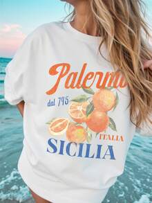 JOYY 女式西西里舒适彩色柠檬印花 T 恤，时尚图案休闲度假百搭圆领短袖 T 恤，适合日常外出和旅行 - 白色 - 查看 5