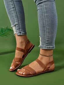 Women's Flat Sandals, Fashion Cross Elastic Band Comfortable Casual Outdoor Sandals, Simple Design For Beach, Party, Lightweight - Brown - View 6