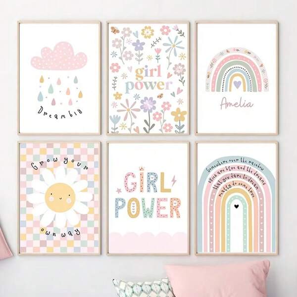 1 pièce Affiches d'art mural avec cadre/encadré. Peinture sur canevas moderne avec tournesol, arc-en-ciel, nuage et cœur. Affiche de style nordique et dessin animé pour la décoration de la chambre de bébé et d'enfant