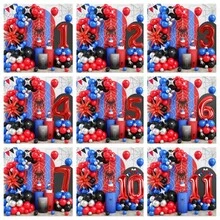 Juego de arco y número de globos de látex con estrella roja, decoraciones de cumpleaños, juego de arco de globos rojo, azul, negro y plateado con torres de globos numéricos rojos de 40" del 1 al 11, globos de cumpleaños, adecuado para fiesta de cumpleaños temática de superhéroe - Multicolor - Ver 2