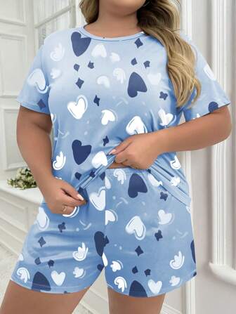 Plus Size Casual Pajama Set, Women's Plus Solid Short Sleeve Round Neck Tee & Leopard Print Bow Shorts Lounge Two Pieces Set