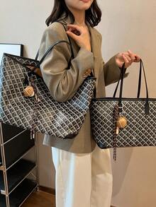 SHIMEINI 2025 New Fashion Women's Handbag, Large Capacity Commuter Niche Design Shoulder Bag, Casual Versatile Simple Stylish Tote Bag, Comfortable Material PU Texture Color Blocking Diamond Quilted Zipper Closure, Comfortable Dual Shoulder Straps, Spacious, Autumn/Winter (Note: No Pendant Included) - Black - View 2