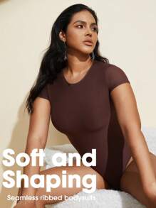 1pc Women's Waist Cinching Seamless Bodysuit, Black Round Neck Short Sleeve Sexy Thong Shapewear