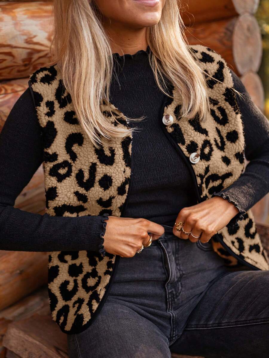 Acelitt Chaleco de piel sintética con estampado de leopardo y contraste de color, chaqueta de forro polar de solapa única para mujer, abrigo de invierno para vacaciones - Albaricoque - Ver 1