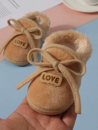 1 Pair Infant/Toddler Fuzzy Tie Strap Flat Comfy Shoes, Suitable For Winter