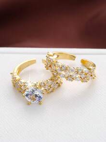 2 chiếc nhẫn Cubic Zirconia mạ vàng khảm vi mô, Quà tặng trang sức cho đám cưới, đính hôn, tỏ tình - Bạc - Xem 6