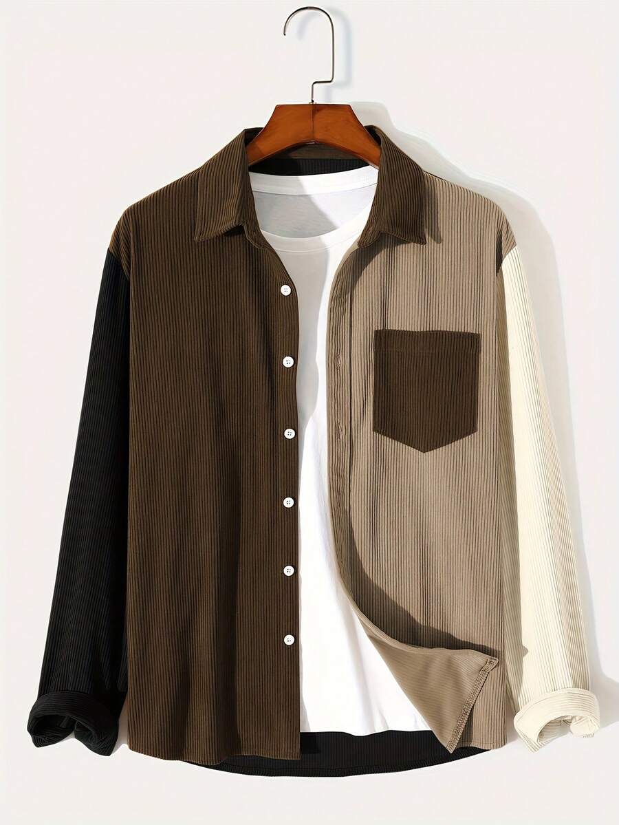 Men's Corduroy Contrast Color Panel Lapel Casual Fashion Everyday Wear Long Sleeve Shacket - màu đen - Xem 1