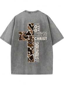 230g Washed Batik Vintage Short-Sleeved T-Shirt, Double-Sided Printed Flowers, Christianity, Men, Cross, God.