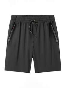 Plus Size Men Sports Shorts, Zipper Long Loose Quick Dry Training Shorts For Running, Fitness, Big & Tall