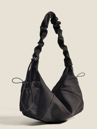1pc Nylon Fabric Multi-Pocket Dumplings Shape Women Casual Pleated Drawstring Diagonal Shoulder Bag, Soft & Slouchy, Versatile Hobo Bag, Street & Japanese Bag For Women