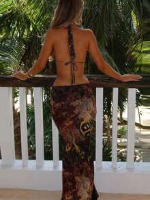 Women's Summer Fashion Elegant Tie Dye Mesh See Through Printed Halter Backless Slit Embellished Maxi Long Dress Beach Vacation Holiday Cover Up Dress Sexy Clothes