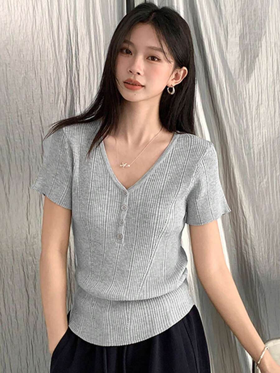 Áo cánh tay ngắn thời trang cổ chữ V thanh lịch của Pháp mùa hè mới ôm vừa vặn, eo cao - Xám - Xem 1