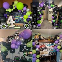 117pcs Truck Balloon Garland Arch Kit With Green Purple Black Silver And Big Wheels Racing Plaid Aluminum Film Balloons, Perfect For Birthday Party, Monster Truck Themed Party Decoration Supplies - Multicolor - View 4