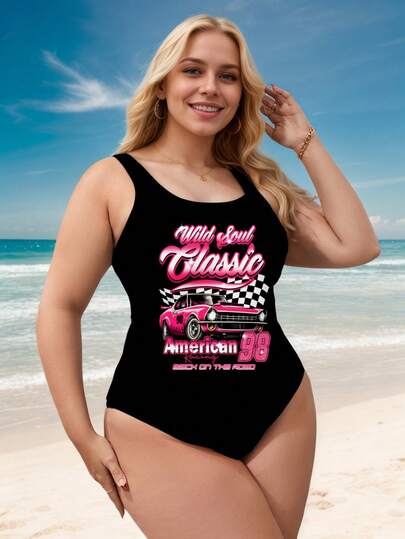 Plus Size Women One-Piece Swimsuit With Racing Car Print, Sexy Beach Wear, Fashionable European And American Style