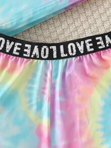 2pcs Girls Outfit: Sleeveless Letter Print Cropped Top And Tie Dye Gradient Print Casual Shorts, Summer Fashion Sports Suit