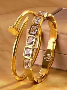 2 pièces Bracelets-joncs élégants et classiques avec zirconias carrés colorés, bracelets-joncs en acier inoxydable avec zirconias cubiques 5A sertis en forme de trèfle, idéaux pour les anniversaires, les fêtes, les cadeaux de la Fête nationale d'Arabie saoudite pour les femmes, les filles et les mères