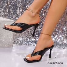 2025 Spring/Summer New Women High Heeled Sandals, French Style Leather High Heel Slippers, Summer Stiletto Flip Flops In Gold Or Silver, Suitable For Parties And Weddings
