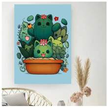 1pc Frameless Cartoon Abstract Cute Funny Cat Tree Flower Basket Clock Posters Vintage Painting Canvas Printing Wall Arts Modern Living Room Bedroom Dormitory Study Coffee Shop Room Wall Decoration Home Decoration Gifts ,Wall Art With Frame