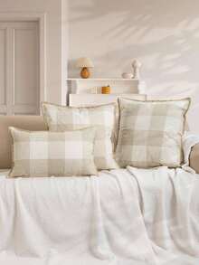 1/2 件奶油色和白色格子编织抱枕套，现代简约亚麻外观滚边靠垫套，适用于卧室、客厅、沙发、花园、派对、季节性使用，30*50 厘米、45*45 厘米、50*50 厘米（无填充物） - 米色 - 查看 4