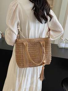 Bolsa de palha para festas, bolsa de praia moderna, lancheira, bolsa de tecido de cor sólida feita à mão com alça longa removível com borla, bolsa casual feminina adequada para festas, feriados, presentes e reuniões - Bolsa de palha - Caqui - Ver 2