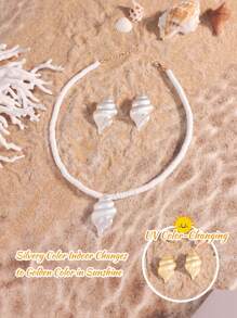 Set de 2 piezas de collar y aretes de estilo bohemio de playa con conchas y estrellas de mar que cambian de color con los rayos UV, joyas de playa que cambian de color sensibles a los rayos UV