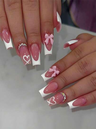 24 piezas de uñas postizas cuadradas medianas, estilo francés romántico blanco con lazo rosa y detalles de cristal - acabado brillante, adecuado para mujeres y niñas para uso diario casual y fiestas, uñas postizas reutilizables, suministros para uñas