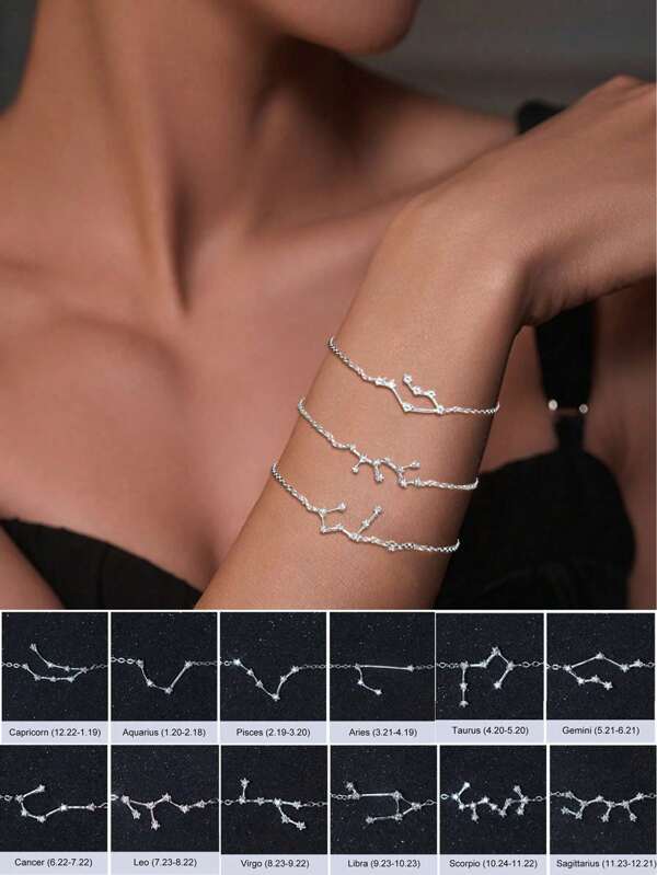 S925 Sterling Silver Cubic Zirconia Zodiac Sign Bracelet 12 Constellation Horoscope Astrology Chain Bracelet Birthday Jewelry Gifts For Women Girls