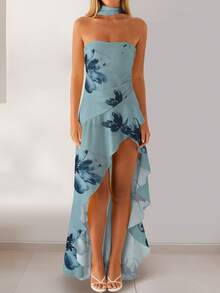 Women Casual Tube Dress Summer Solid Color/Floral Print High Low Ruffles Dress With Scarf For Cocktail Streetwear - 藍色 - 查看 6