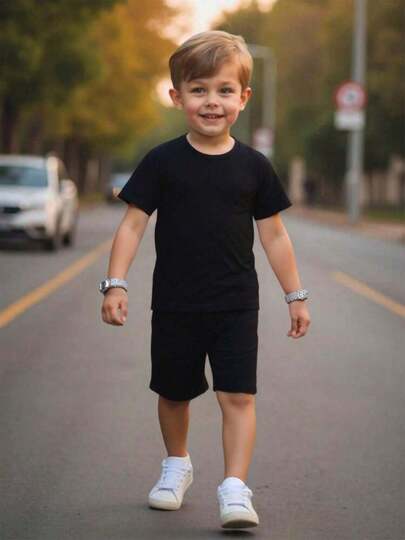 Mùa hè Chàng trai trẻ Màu thuần Ngắn tay Áo thun Và Bộ quần short , Giải trí Phong cách Học viện