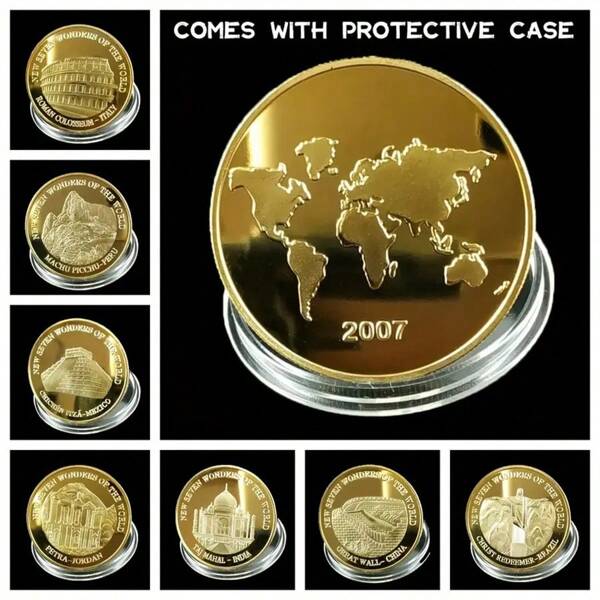 7pcs/Set Commemorative Coins Of The 7 Wonders Of The World, Lucky Coins, Collection Coins, Challenge Coins, Travel Souvenirs With Transparent Display Case, Suitable For Party, Holiday, Independence Day, Birthday Gifts