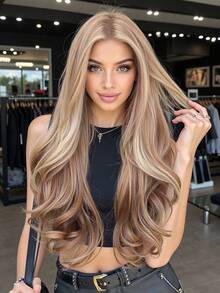 28 英寸长波浪渐变棕色合成假发中分浅金色长卷发假发适合女士日常派对角色扮演假发
