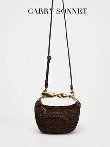 1pc Woven Bag, New Summer Design, Women Mini Zipper Woven Crossbody Bag, Straw Small Casual Handbag With Metal Handle, Perfect Accessory For Women Beach, Vacation, Holiday - Coffee Brown - View 5