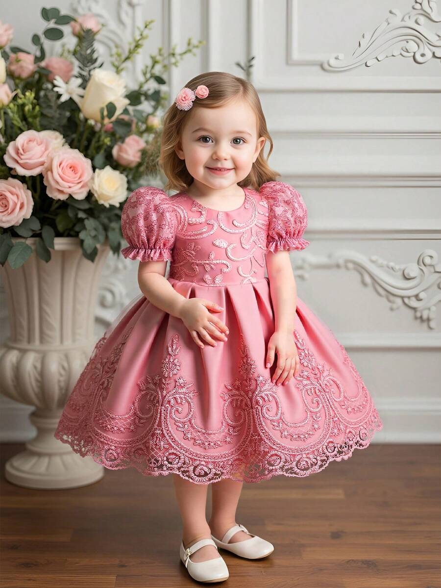 Baby Girls Embroidered Tulle Cute 1st Birthday Princess Dress, Suitable For Flower Girl, Wedding, Holiday Celebration, Fabric Floral Pattern Randomly Cut, Headband Not Included - Dusty Pink - View 1
