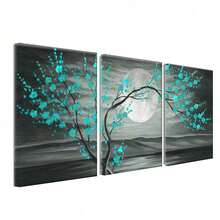 1/3pcs Wall Art Posters/Modern Style Gray & Teal Floral Canvas Prints With Frame, Magnolia Tree Oil Painting Prints On Canvas Gallery Wrapped Full Moon Flower Pictures Living Room Traditional Painting Gifts Decor, Framed/Unframed ,Wall Art With Frame - Multicolor - View 16