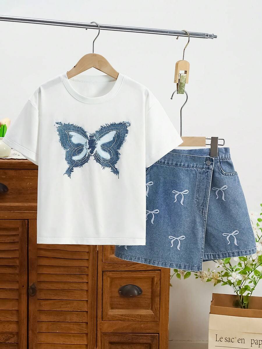 2 件/套女孩休闲蝴蝶印花牛仔 T 恤和牛仔短裙，带刺绣蝴蝶装饰 - 白色 - 查看 1