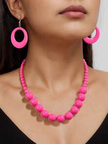 3 Pcs Bohemian Vacation Eye-Catching Jewelry Set Plastic Beads Collar Necklace And Circle Dangle Earrings Exaggerated Jewelry Set - Hot Pink - View 1