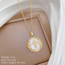 1pc Luxurious Pearl Stainless Steel Cross Titanium Chain Pendant Necklace, Arabic Style Cross Necklaces For Women, Suitable For Daily Wear Or Gift