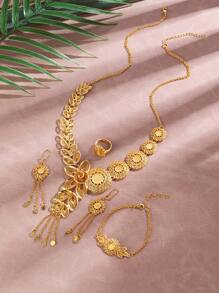 Set de 4 piezas de joyería de mujer estilo Dubai en color dorado, incluye collar de 24K, de aleación de cobre, joyería de estilo saudí