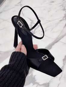 春夏小众方头水晶装饰缎面高跟鞋，细高跟方头性感明星搭扣凉鞋，黑色 - 黑色 - 查看 5