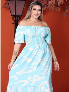 WOMEN'S LONG MIDI DRESS WITH PUFFED SLEEVES, RUFFLED, OFF-THE-SHOULDER, TRES MARIAS FLORAL - Verde Niebla - Ver 2