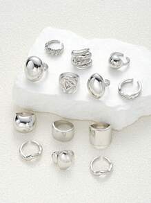 13pcs/14pcs Simple Exaggerated Wide Face Geometric Chunky Jewelry Ring Set, Vacation, Occasion, Gift, Casual Wear For Women